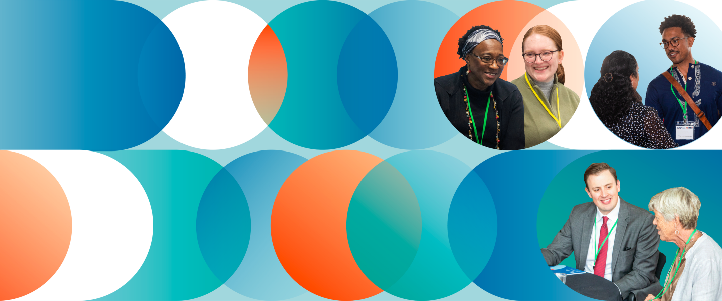 Overlapping circle images with gradients between the CMF Brand colors of blue, light blue, aqua blue and pops of orange partial circles, with cut outs of members having conversations and smiling while interacting with each other 