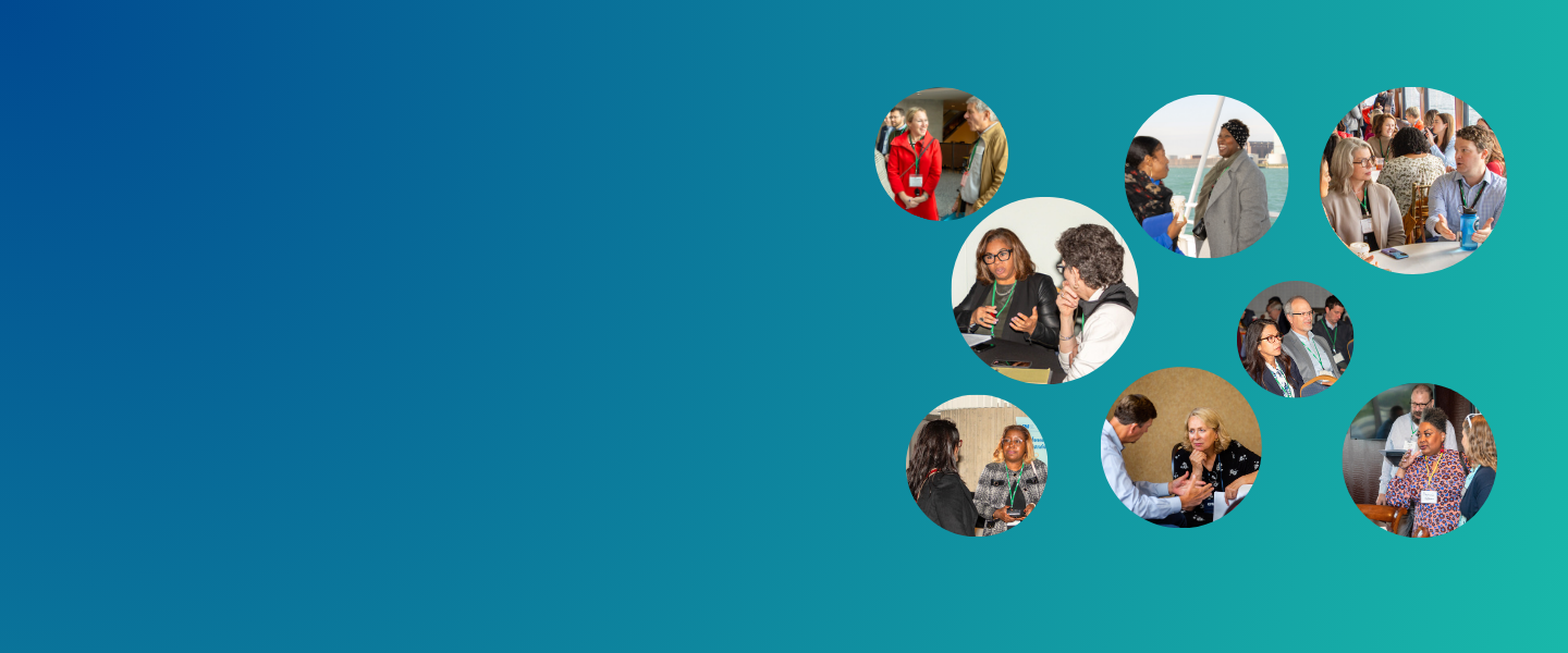 a gradient background from dark blue to teal that also has right aligned photos from the 2023 events with membership having engaging conversations