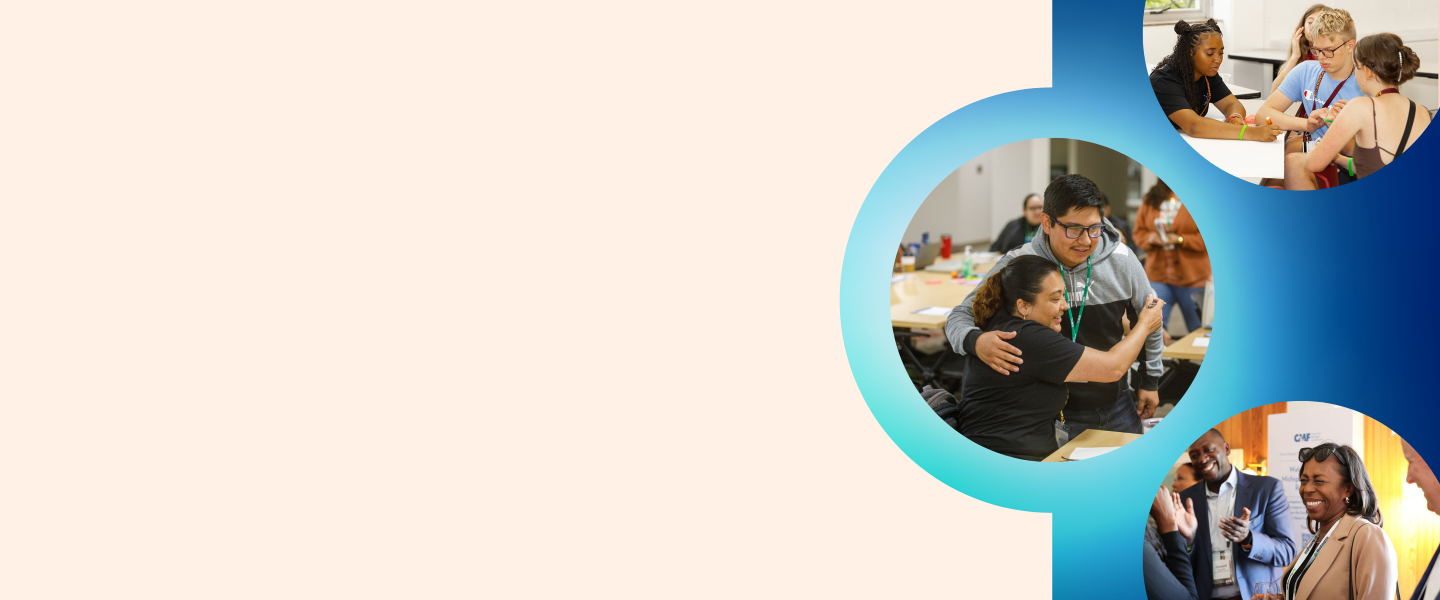 Annual Report Cover Photo Slider image with members connecting and a blue gradient on the right side